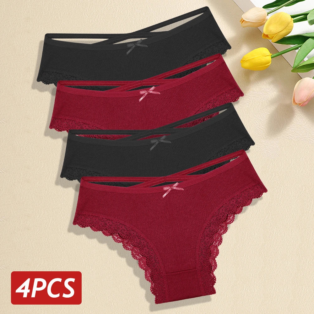 4PCS/Set Women Cotton Panties Sexy Lace Braizlian Panties Low Rise Hollow Out Underwear for Female Cute Bow Breathable Lingerie