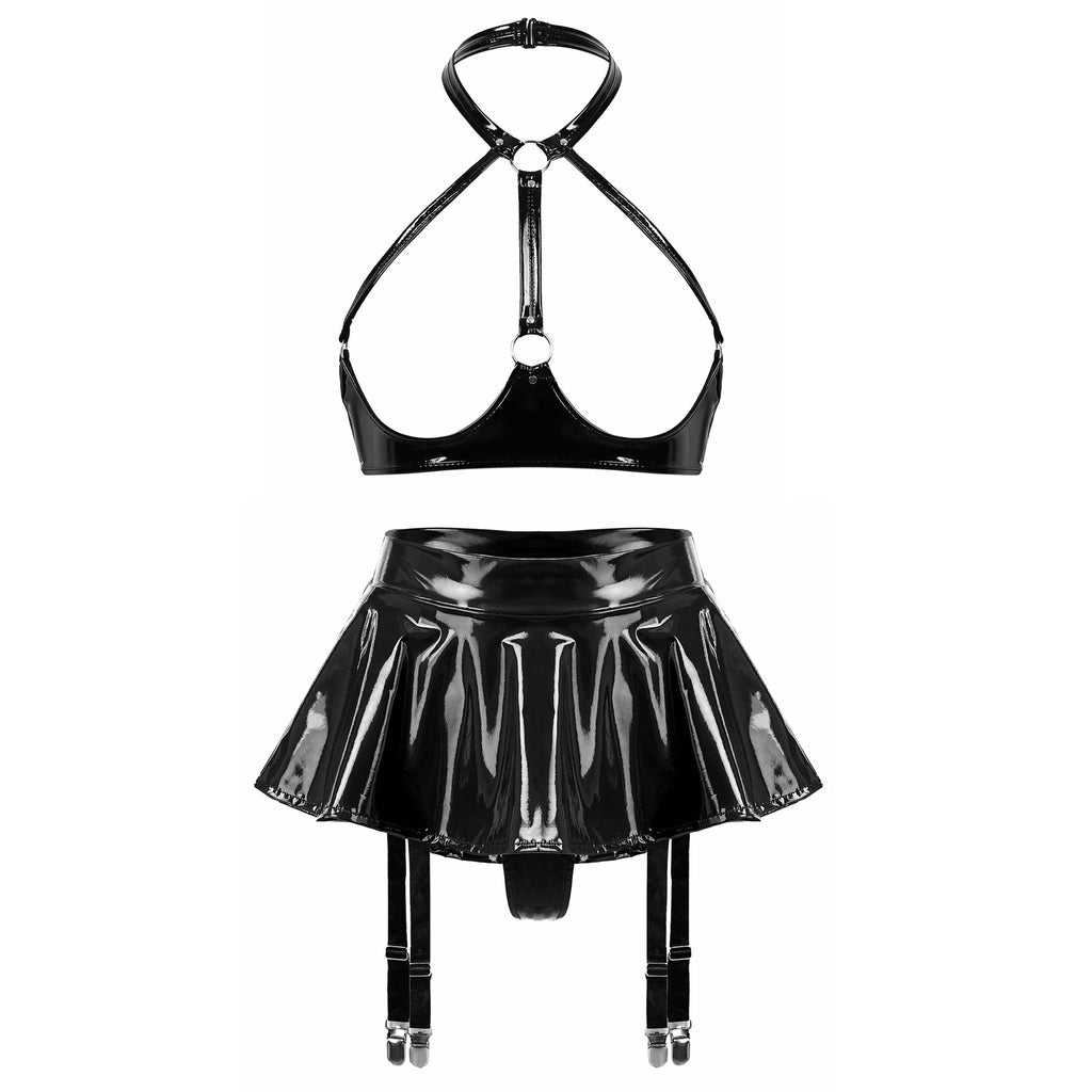 Lingerie Sexy Set Women Wetlook Patent Leather Wire-free Open Cup Sexy Bra with Ruffle Built-in Thongs Garter Belt Mini Skirts