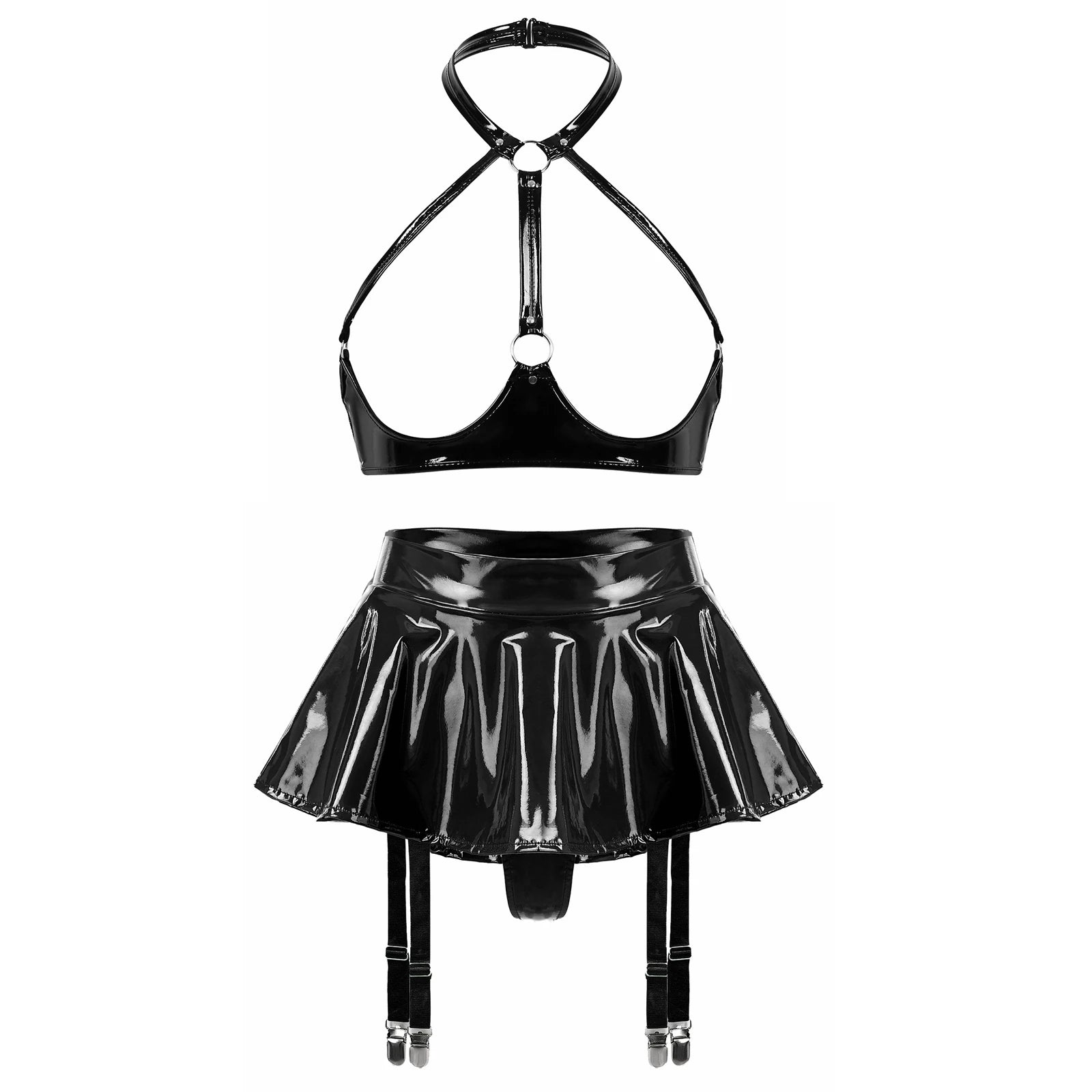 Lingerie Sexy Set Women Wetlook Patent Leather Wire-free Open Cup Sexy Bra with Ruffle Built-in Thongs Garter Belt Mini Skirts
