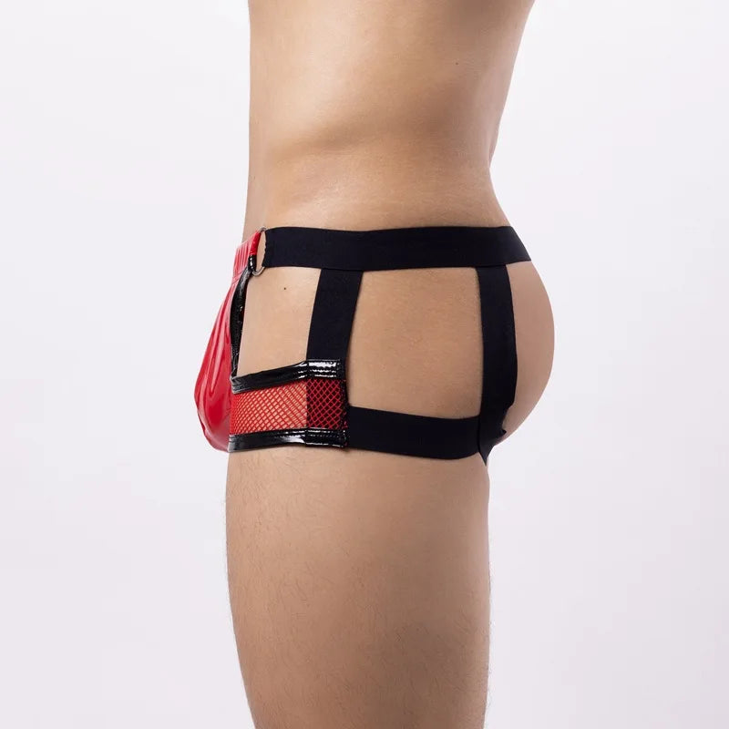 Lingerie Men Briefs Thong G-string String Homme PU Leather Mesh Patchwork Latex Panties Jockstrap Exotic Open Butt Gay Boxers