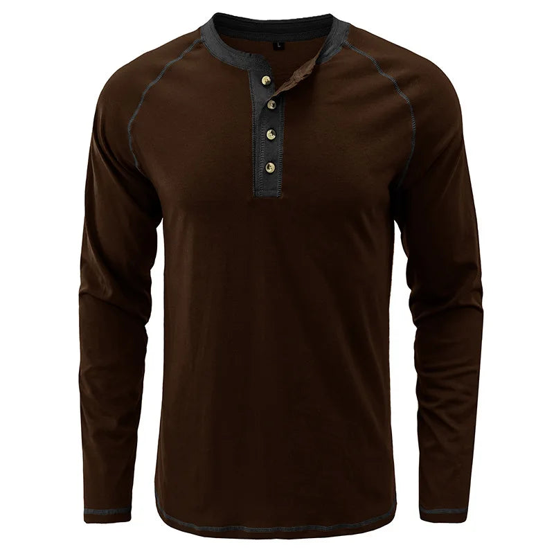 Summer  Autumn Men's American Heavy Cotton Henry Shirt  Long Sleeve Fitness Tough Guy T-Shirt Casual  T Shirt for Men Clothing