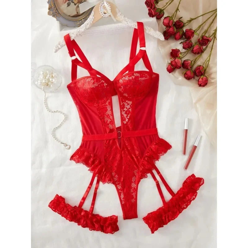 Lingerie Sexy Hot Sensual Bodysuits Sexy Lace Bra Set for Women Cut Out Strappy Bra and Panties Garter Choker Erotic Costumes