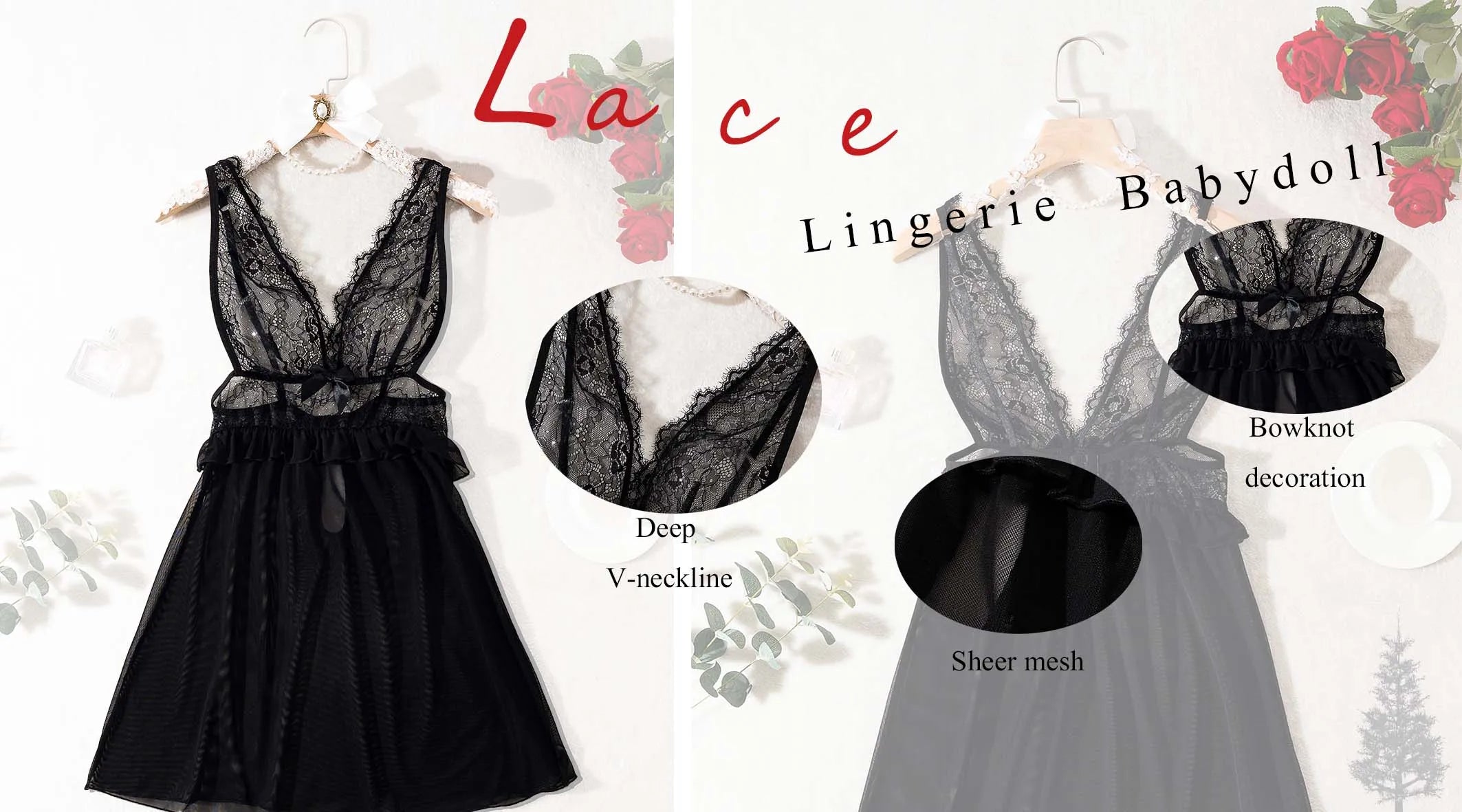 Sexy transparent black lingerie, women's lace nightgown,women's sexy sleeveless nightgown with mesh fabric, V-neckline.lingerie
