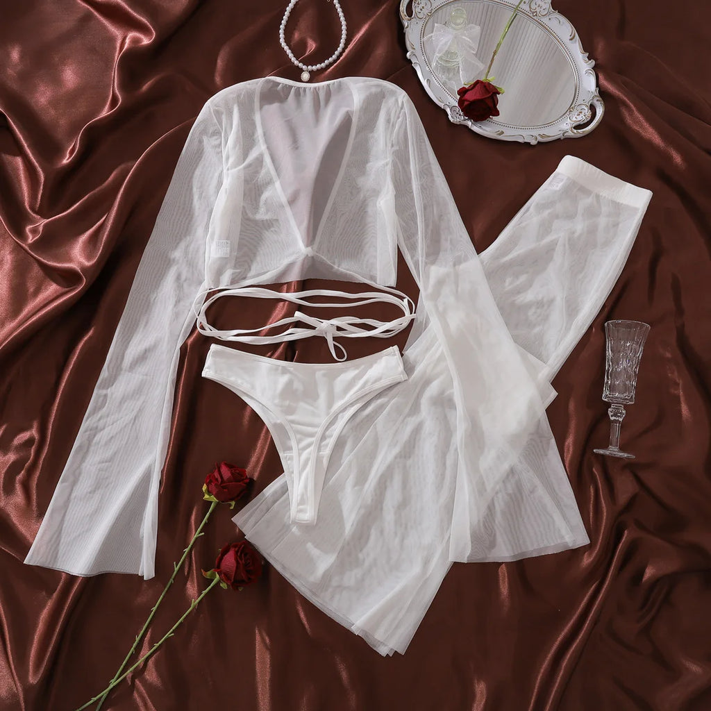 New Comfortable Perspective Mesh Bra Pants Suit Women's Sexy White Body Shaping Underwear Female Pure Desire Cover Up Split Set