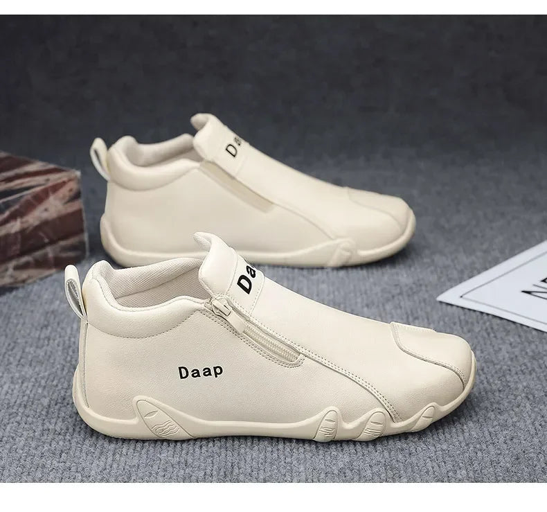 Men's Leather Shoes Ankle Boots Casual Leather Loafers Zipper Comfortable Formal Flat Solid Color White Shoes Driving Moccasins