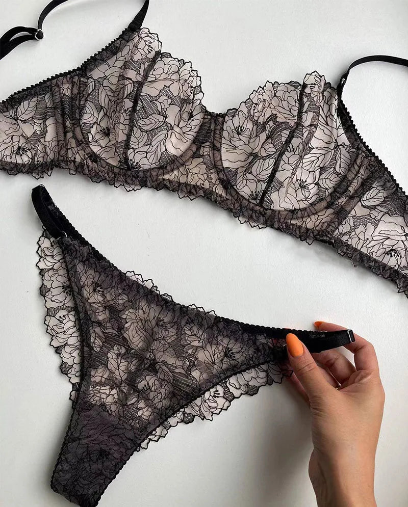 Women Bra and Briefs Sets Lace Flower Embroidery Sexy Perspective Underwire Erotic Lingerie Panty Two-Piece Underwear Set 2026