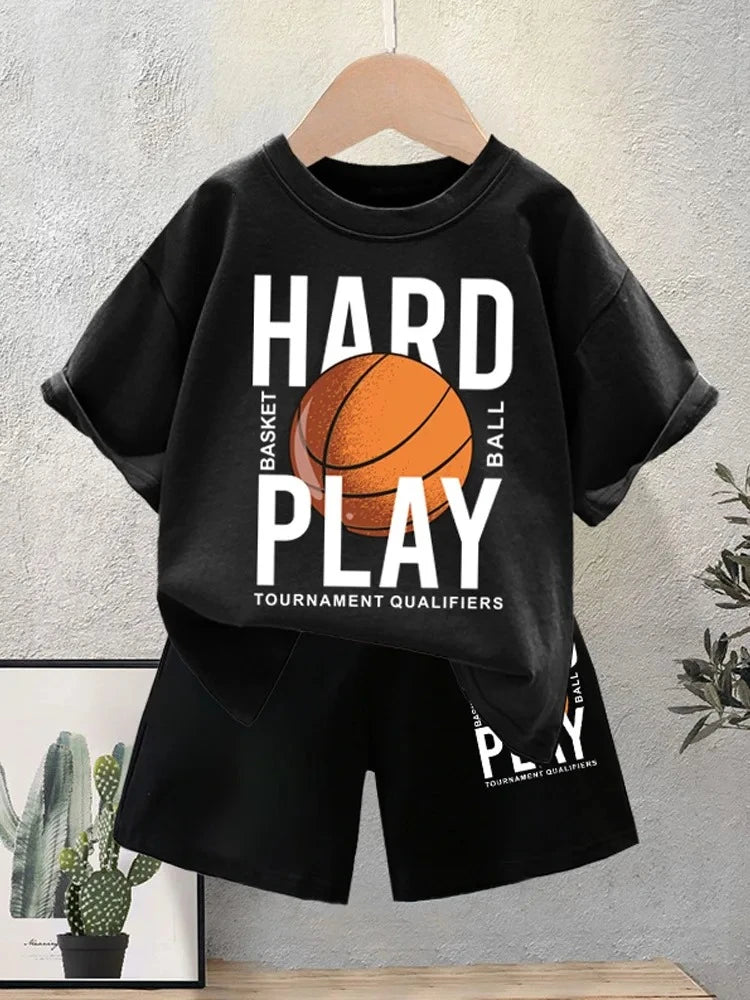 Summer fun basketball printed casual short sleeved T-shirt and shorts, children's fashionable cotton sports set