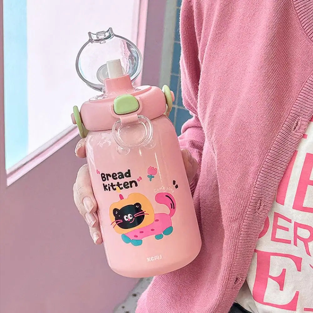 Cartoon Thermal Cup Large Capacity Double Drinking Straw Student Water Cup Stainless Steel Leakproof Insulated Cup for Children