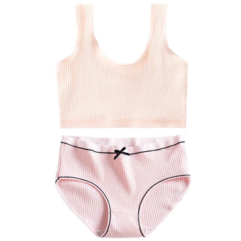 Cotton Girls Panties And Bras Sets Teenage Girls Cotton Training Bra Panty Set Solid Kids Sports Bra Briefs Underwear