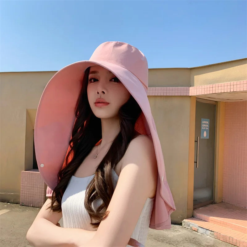 Summer Hats for Women Outdoor UV Anti Neck Protection Sun Visors for Lady Fishing Hiking Wide Brim Shawl Sunscreen Ponytail Cap