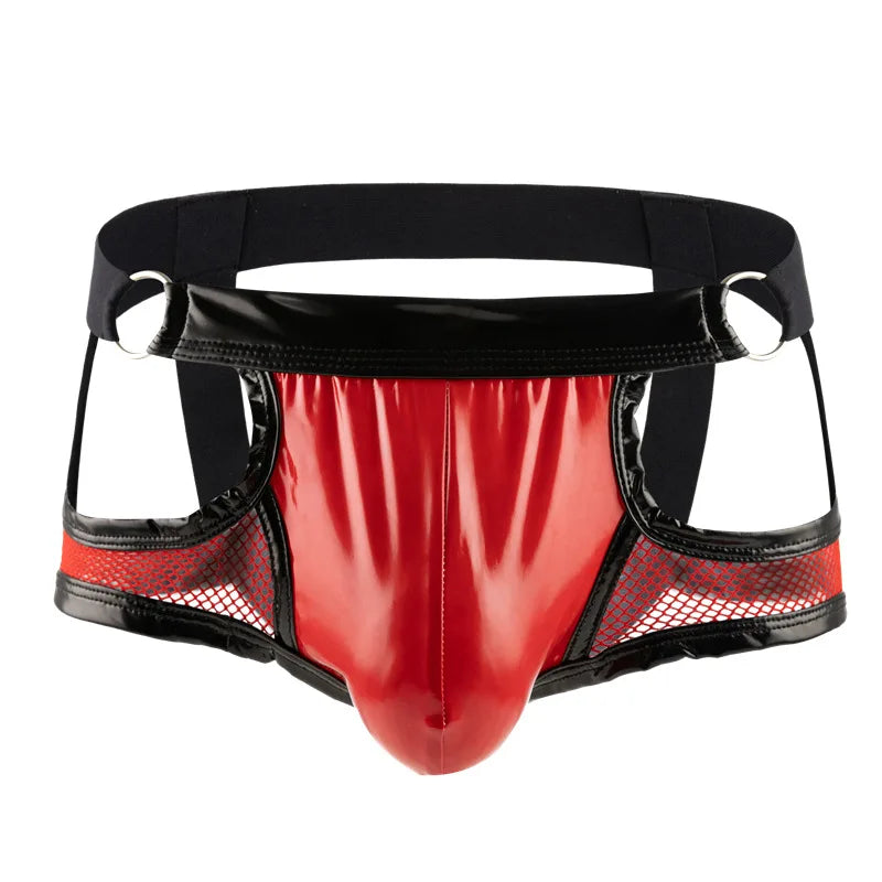 Lingerie Men Briefs Thong G-string String Homme PU Leather Mesh Patchwork Latex Panties Jockstrap Exotic Open Butt Gay Boxers