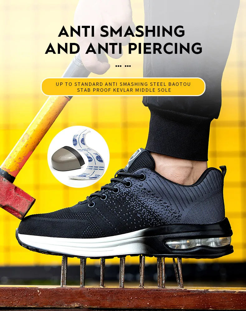 Steel Toe Work Shoes for Men Women  Anti-Smash Anti-Puncture Blue Safety Shoes Breathable Lightweight Air Cushion Work Shoes