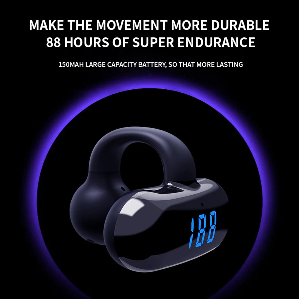 Bluetooth 5.3 Bone Conduction Open Earclips Wireless Non in Ear Digital Display IPX6 Waterproof Sports Single Earbuds with Mic