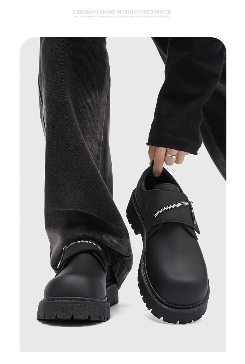 Men's Leather Shoes:Chunky-Soled Zipper Derby Shoes-Style Wide-Toe Casual Loafers#Business British Formal Luxury Black Driving46