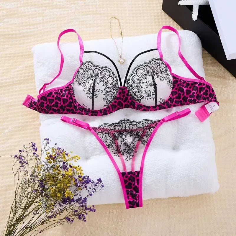 Lingerie Sexy Hot Womens Lace Underwear Transparent Bra Panty Set Three-point Underwear Pure Desire Leopard Print Lingerie Sets