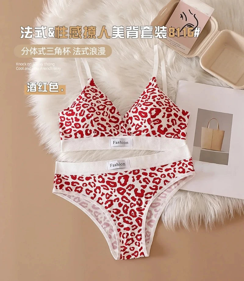 Women Seamless Bra Set Low Waist Panties Leopard Bralette Sexy Lingerie Set Vneck Sport Brassiere Female Cotton Underwear Set