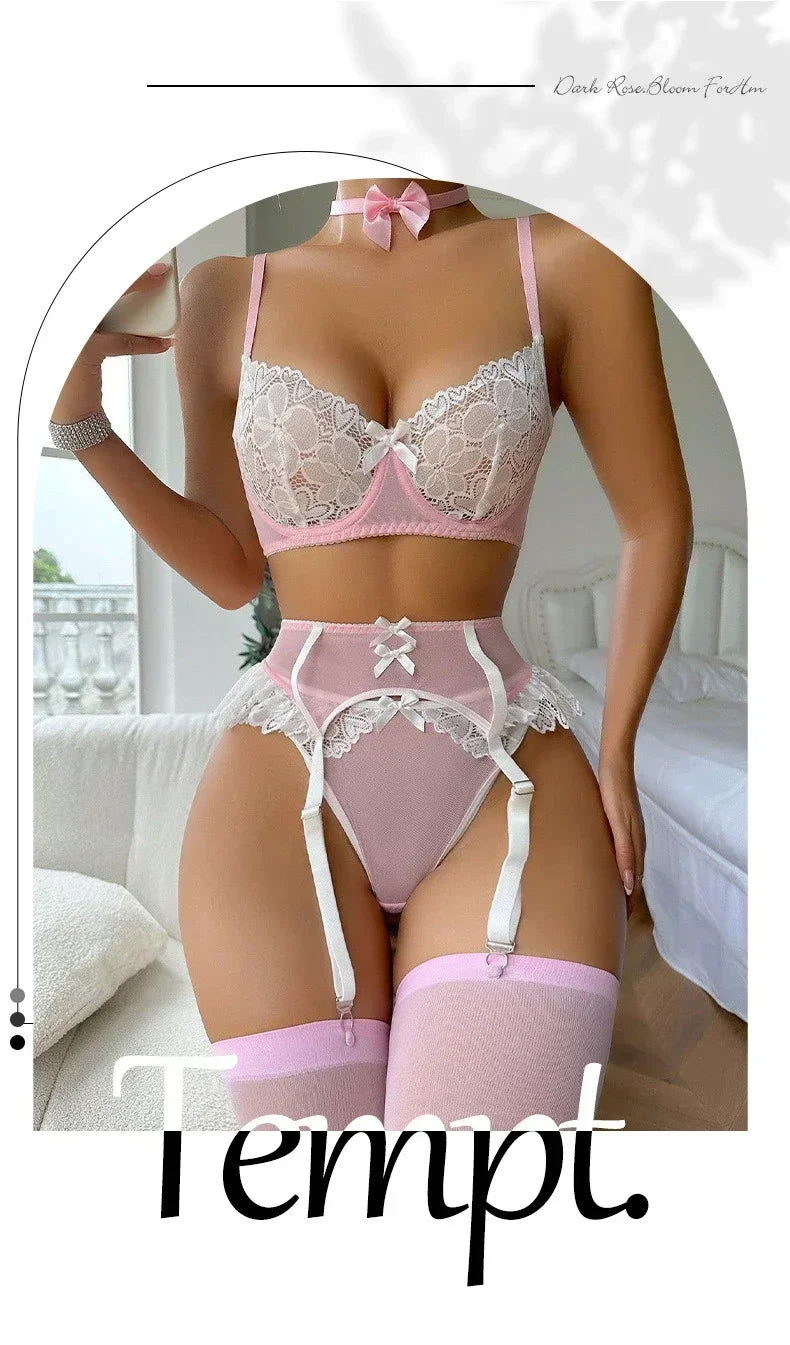 Pink Lace Bra and Panties with Garter Set Women's Sexy Lingerie Underwear See Through Erotic Porn Babydoll Clothes