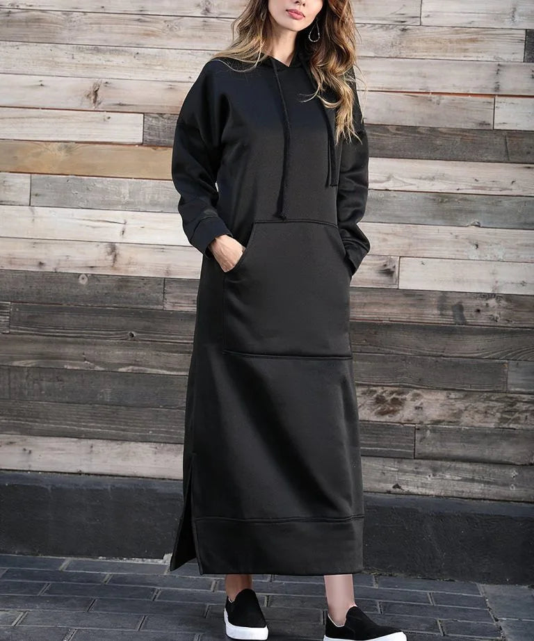 Hoodies Dress For Women Fashion 2025 Hem Lace-up Midi Robe Hooded Long Dress Autumn Winter Warm Casual Loose Sweatshirt Vestidos