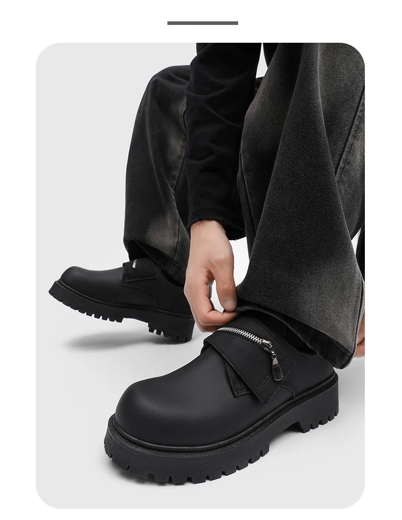 Men's Leather Shoes:Chunky-Soled Zipper Derby Shoes-Style Wide-Toe Casual Loafers#Business British Formal Luxury Black Driving46