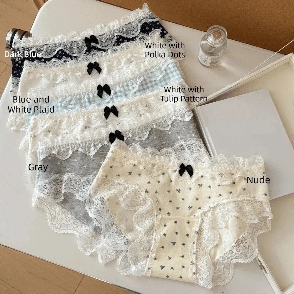 Lingerie Mid Waist Sweet Lace Panties Tulip Bow Underwear for Women Polka Dot Grid Floral Cotton Pnaties Female