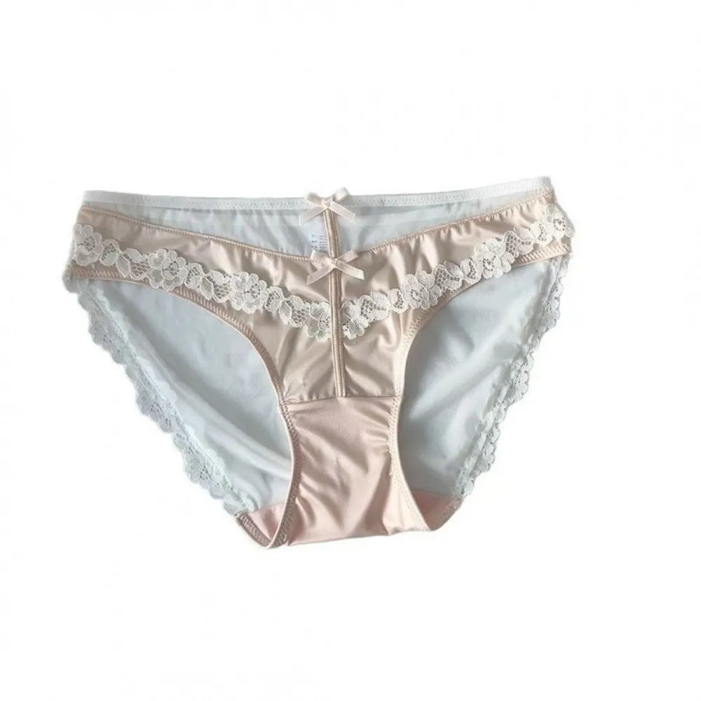 Lingerie Bow Lace Flower Panties Seamless Transparent Underwear for Women Patchwork Mid Waist Mesh Lace Briefs Girl