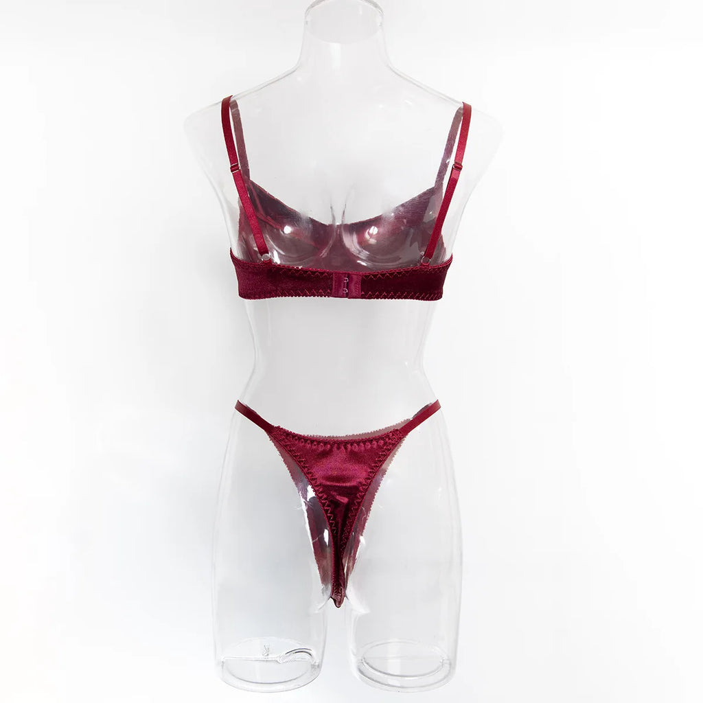 Sexy Burgundy Ruched Bra Set with Textured Fabric, Deep V Design, and High-Cut Panty for a Flattering Fit
