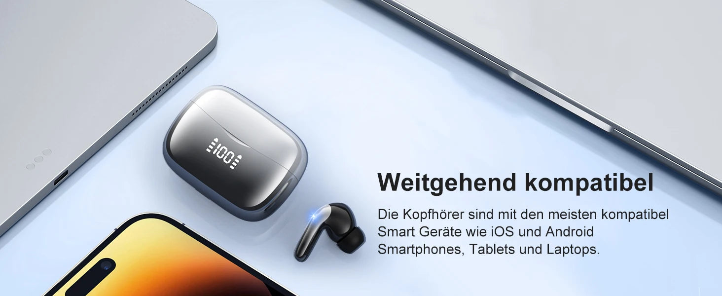 Bluetooth 5.3 Wireless Earbuds ENC Noise Cancelling Mic 50H Playtime Deep Bass Stereo Sound IP7 Waterproof LED Display Mini In-E