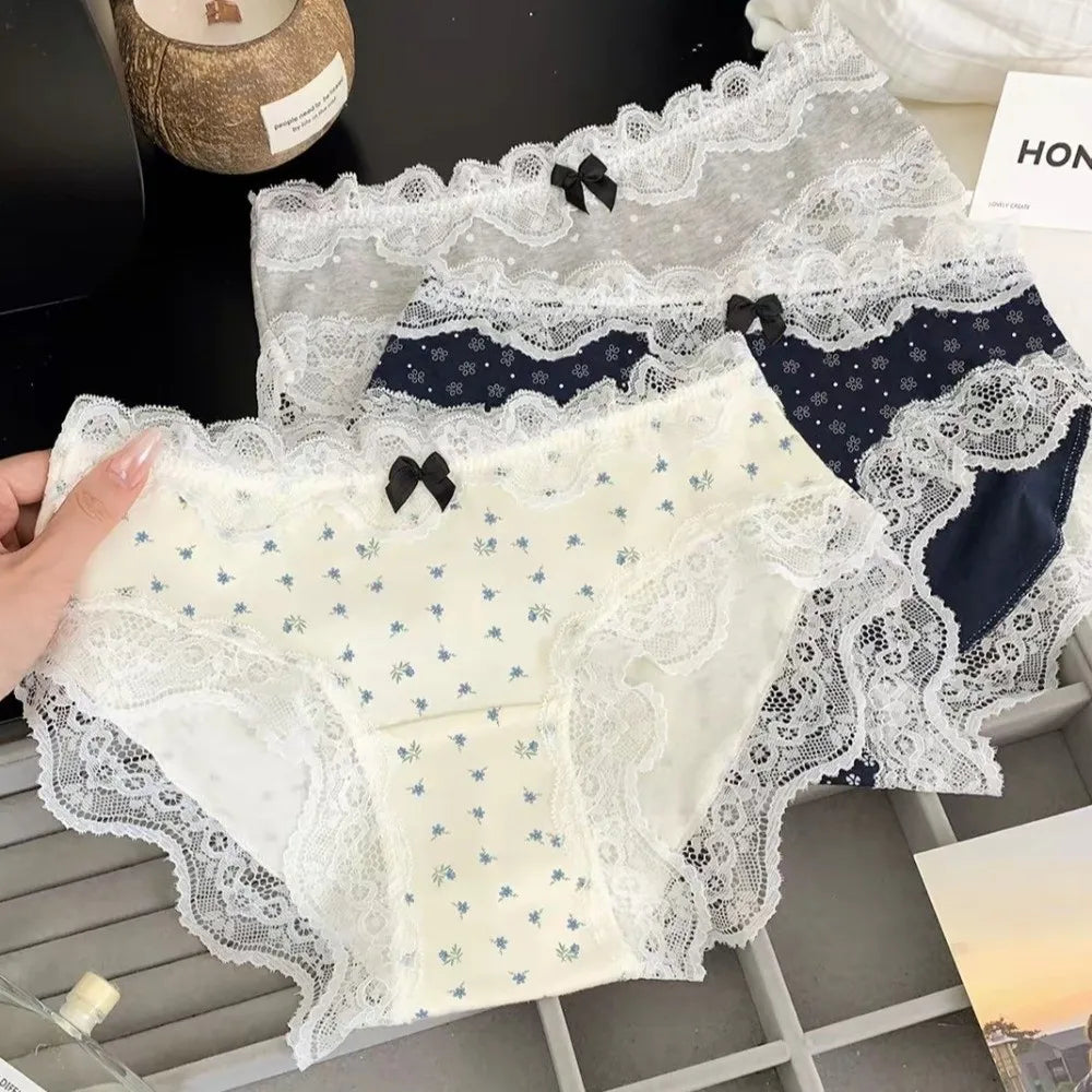 Lingerie Mid Waist Sweet Lace Panties Tulip Bow Underwear for Women Polka Dot Grid Floral Cotton Pnaties Female