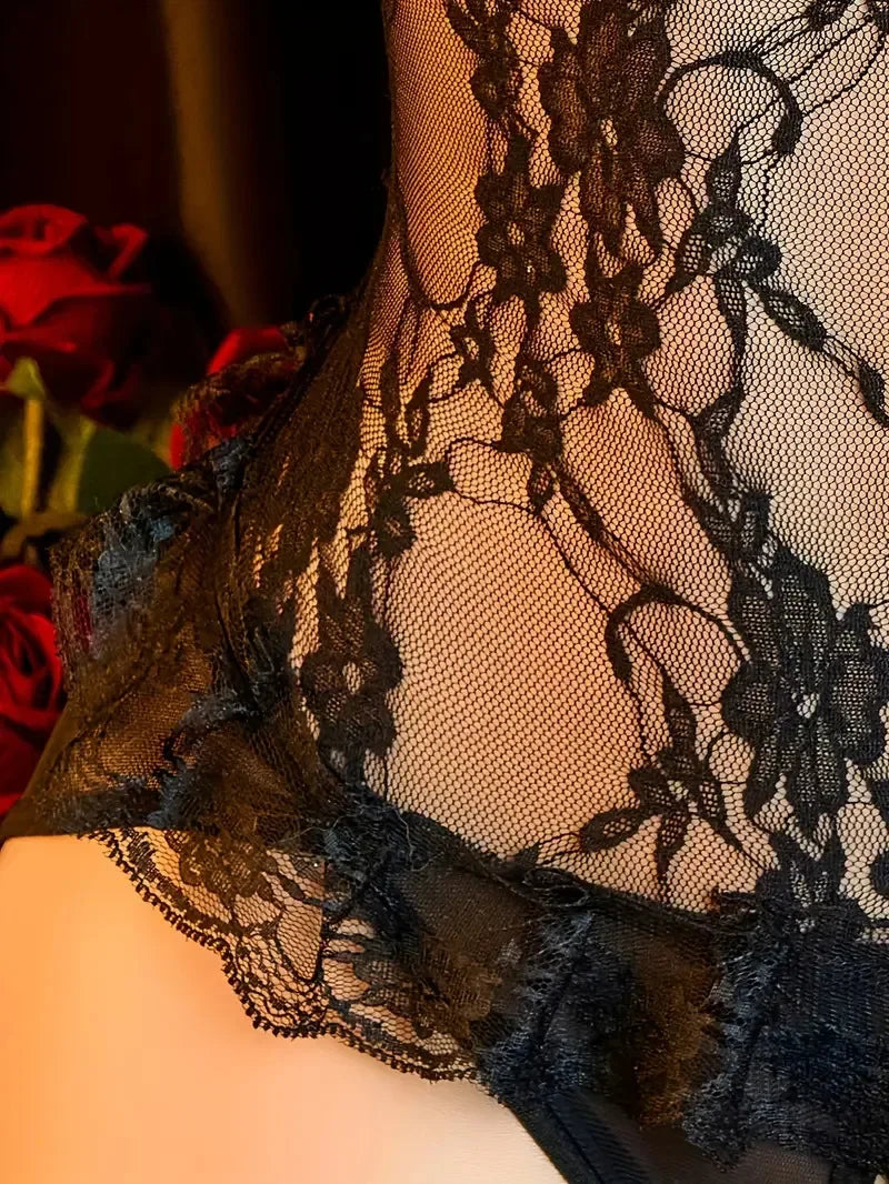 Female Sexy Lingerie Mesh Lace Floral Print Bra Set Teddy Crotchless Bodysuits For Plus Size Women Erotic Open Bra Underwear Set