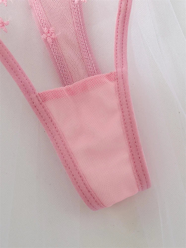 Sexy Lingeries Women Floral Embroidery Lingerie Set Pink Mesh Underwear Ultra Thin Bra and Panties Sets Romantic Erotic Lingerie