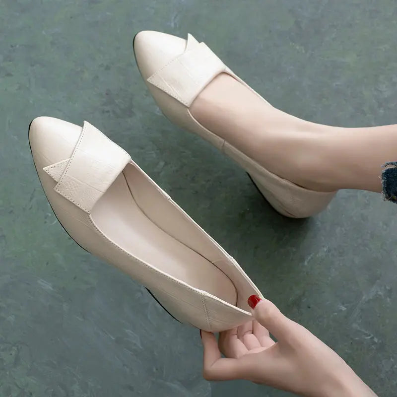 Shoe Women's 2024 New Spring and Autumn Shallow Cut Thick Heel Pointed Toe Women's Shoes Soft Leather Soft Sole Shoes Work Shoes