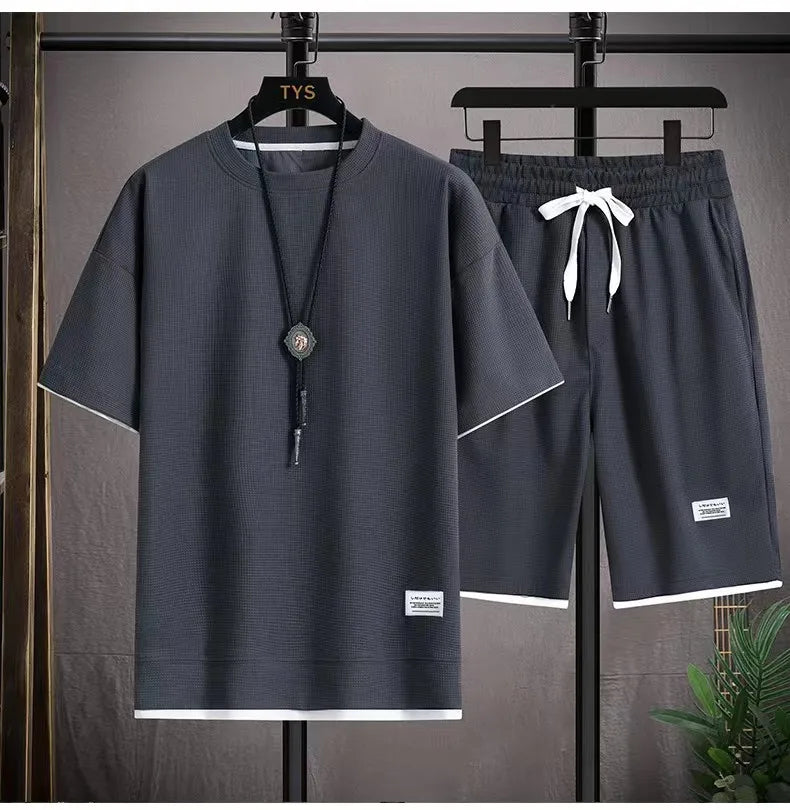 2025 Men's Sports Set Casual T-shirt and Shorts Loose and Comfortable Summer Waffle Set Jogging Set