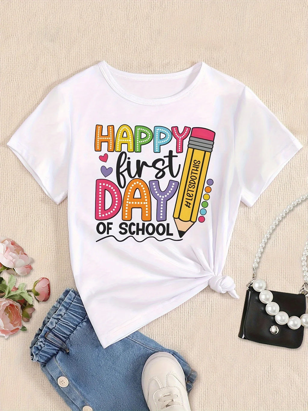 Summer Girls' Casual First Day of School Happy Print T-shirt with Round Neck and Short Sleeve Kids Clothes