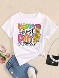 Summer Girls' Casual First Day of School Happy Print T-shirt with Round Neck and Short Sleeve Kids Clothes