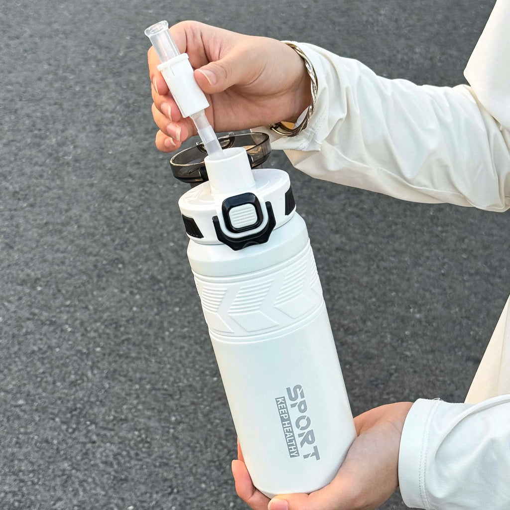 1pc trendy stainless steel thermos cup 650ml, fashionable dual-drinking thermal water bottle, portable with handle for outdoor
