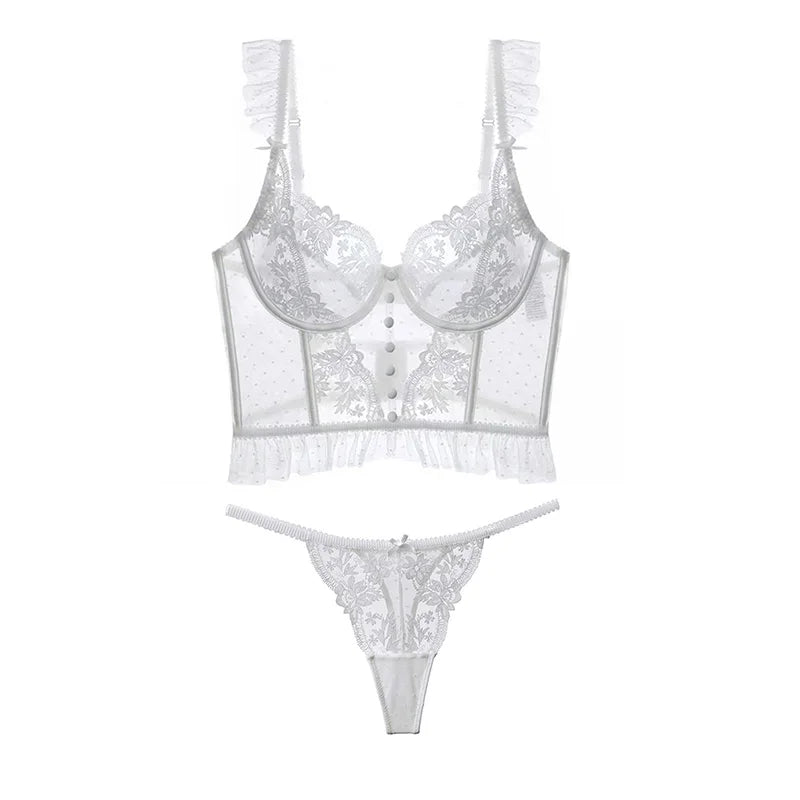 Embroidery Sexy Women Bra Set Underwear Push Up Brassiere Lace Transparent Bra Panty Sets Wedding Bralette Thin Underwear