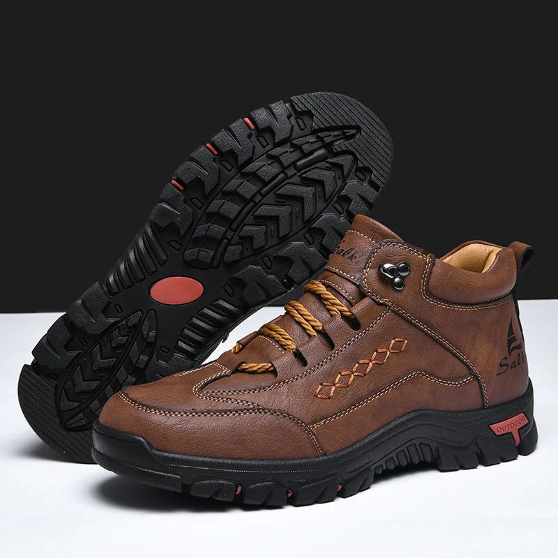 Men's High-Top Round-Toe Fashion Boots Lace-Up Outdoor Hiking Shoes Spring/Fall Thick-Sole Casual Oversized Men's Shoes