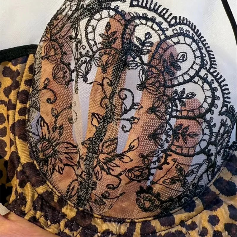 Lingerie Sexy Hot Womens Lace Underwear Transparent Bra Panty Set Three-point Underwear Pure Desire Leopard Print Lingerie Sets