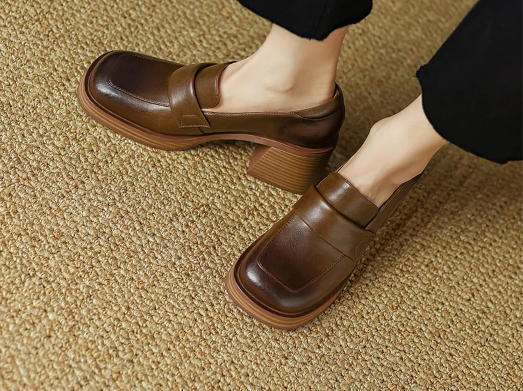Shoes for Women Retro British Style Thick High Heels Loafers Platform Leather Shoes 2024 summer new French Square Toe Women Shoe