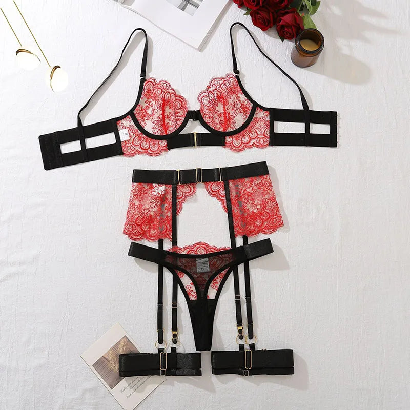 European And American Women Transparent Bra Underwear Set Embroidered Metal Buckle Strap Bra Body Shaping Fashion Underwear