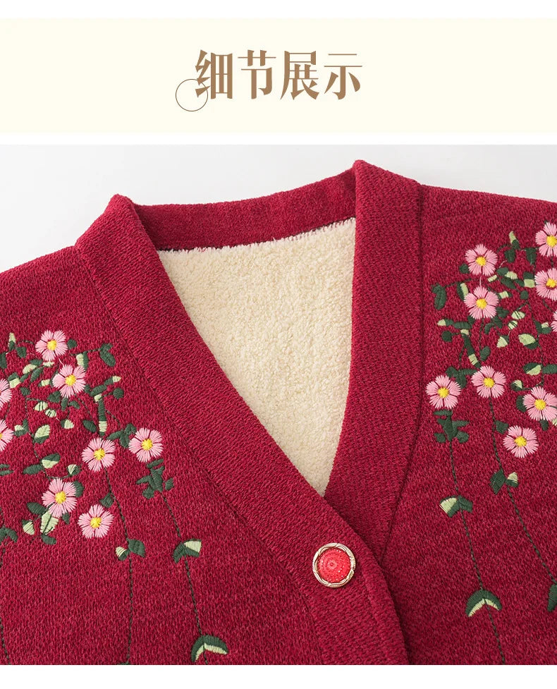 Grandma's Vest Autumn Winter Embroidered Middle Aged Mother's Outfit Cardigan Jacket Knitwears Sweater Women Wool Velvet Sueter
