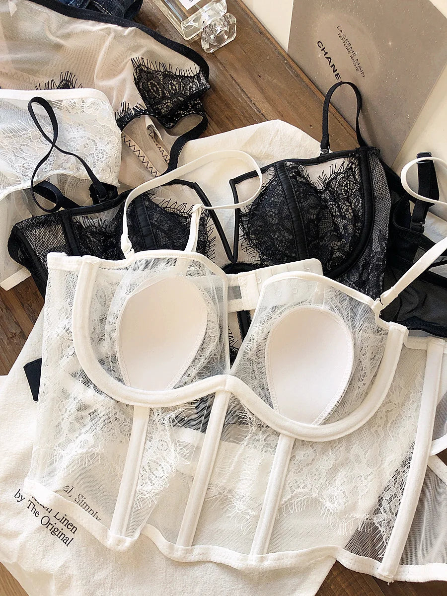 Sexy fishbone vest bra panty set eyelashes lace perspective soft steel ring anti-sagging underwear women bralette