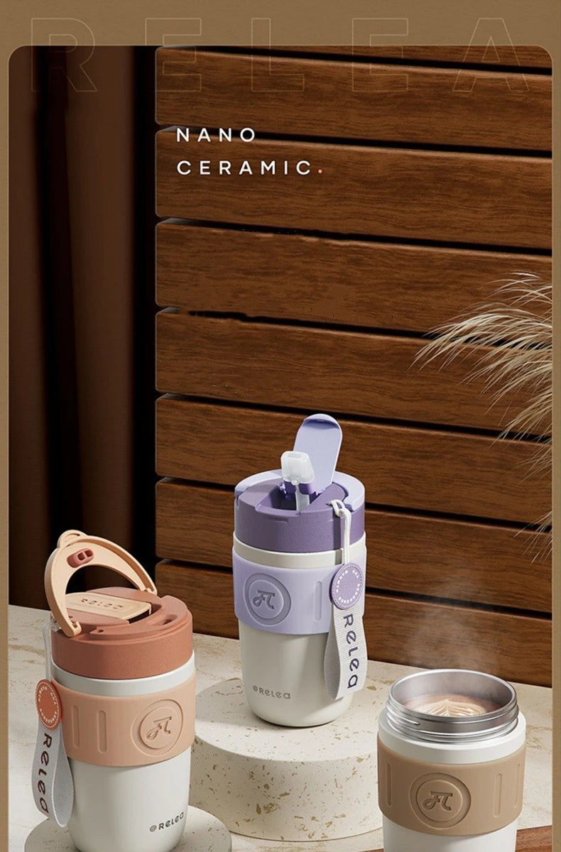 Travel Thermal Mug Ceramic Liners 316 Stainless Steel Thermo for Coffee Long-lasting Heat Preservation with Straws Water Bottle