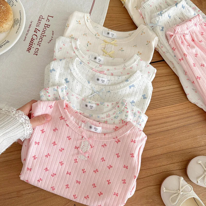 Summer New Girl's Clothes Korean Version Floral Short Sleeve T-shirt+Long Pants Home Wear Two Pieces Set Breathable Clothes