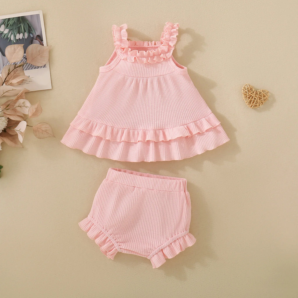 Summer baby girl summer dress pink ruffle halter with diaper pants and pink headgear three-piece set