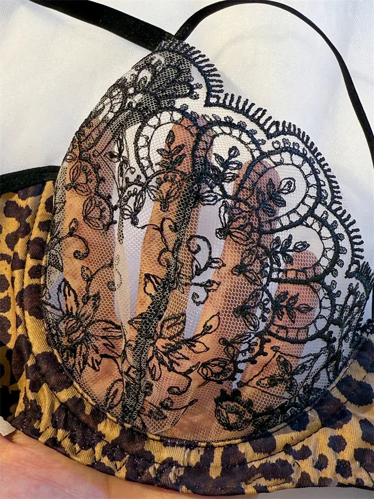 Lingerie Sexy Hot Female Lace Underwear Transparent Bra Panty Set Three-point Underwear Pure Desire Leopard Print Lingerie Set