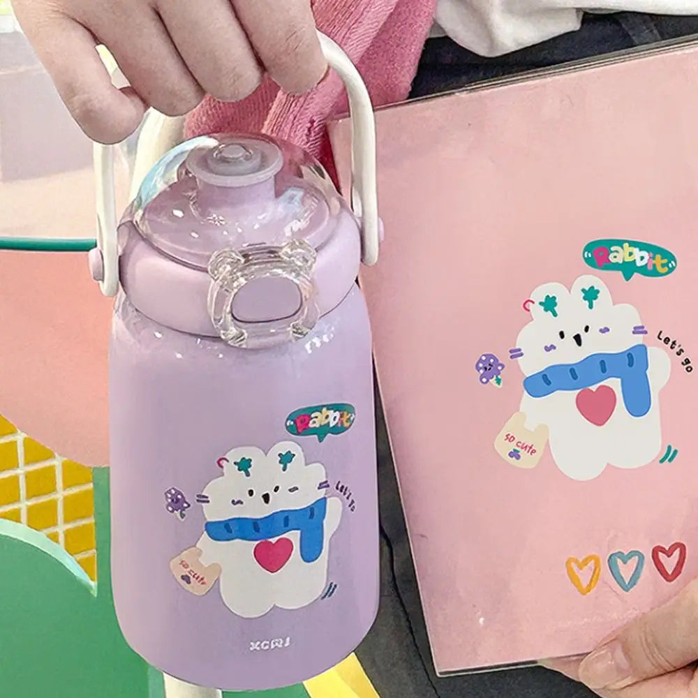 Cartoon Thermal Cup Large Capacity Double Drinking Straw Student Water Cup Stainless Steel Leakproof Insulated Cup for Children