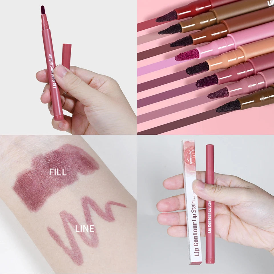 2-in-1 Lip Contour Lip Stain Pen Smudge-proof Non-stick Cup Moisturizing Lip Makeup Cosmetic Dual-Sided Tip Lip Stain & Liner