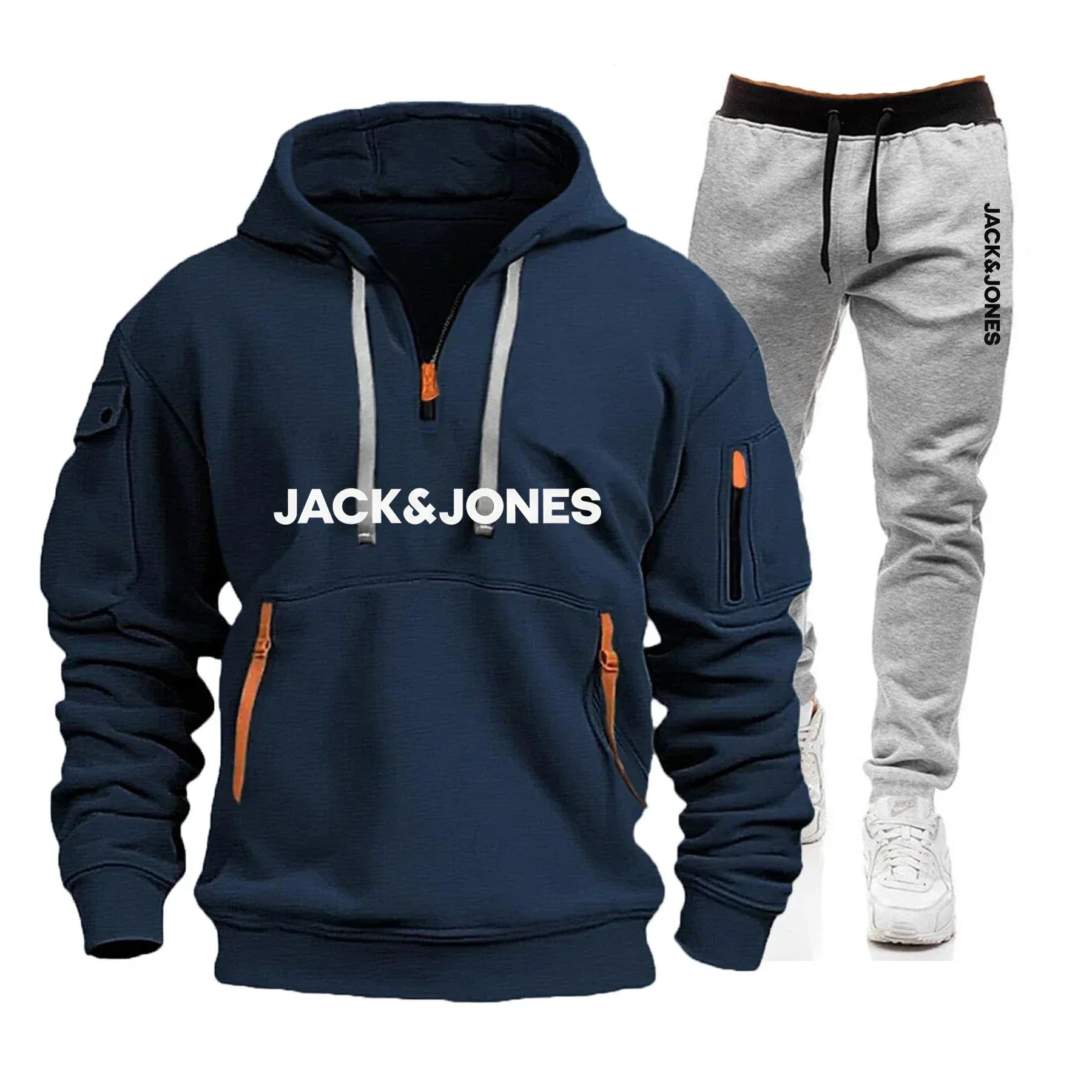 A two-piece outdoor fashion jogging and fitness set for men in autumn and winter, featuring a hooded sweatshirt and casual pants