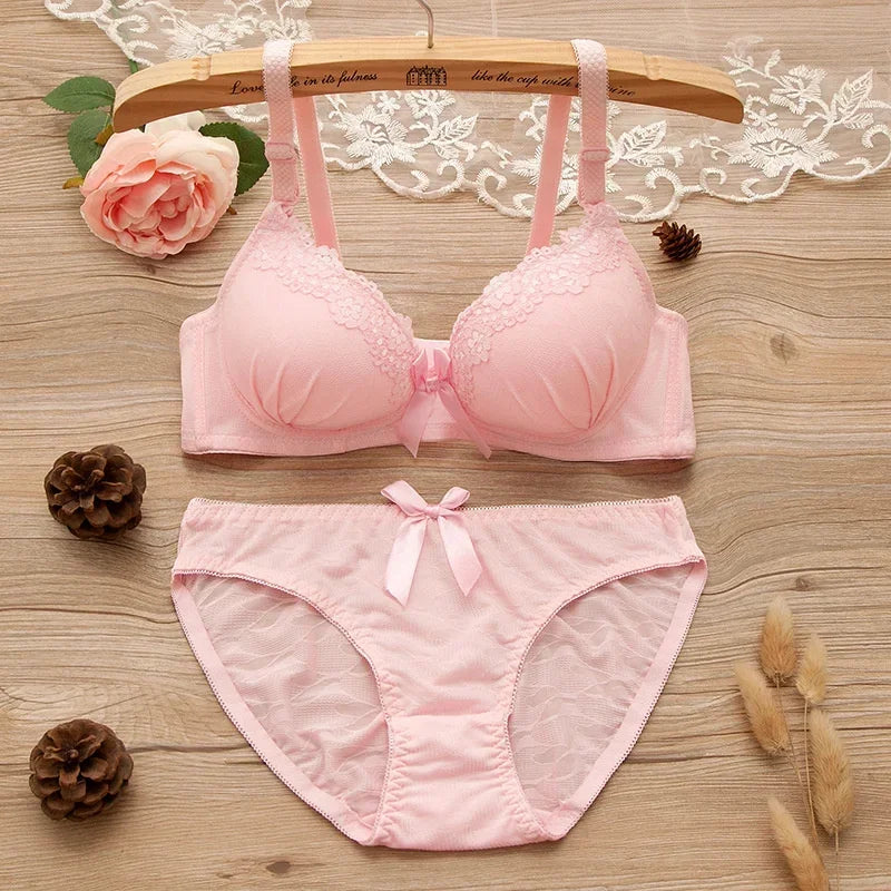 2pcs/set Solid Color Lace Bow Sexy No Steel Rings Comfortable Girls Bra Gather Adjustable Bra Panties Set Teen Underwear Puberty